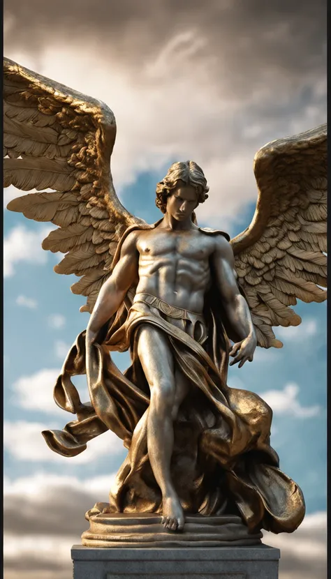 close up winged angel statue, male , fallen angel statue, angel with halo, with golden wings, contrasting skin, high quality, hyper realistic, standing male angel, gothic boy, majestic golden wings, dark black clouds in the back ground