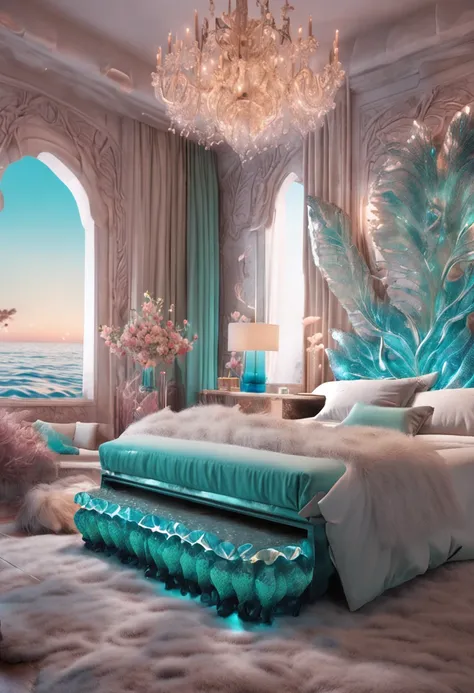 hyper realistic photo, ultra detailed photograph of a beautiful mermaid bed, fluffy seashell pillows, mermaidcore, photorealistic, iridescent, hyperrealism, opal blankets, pool above bed, glass aquarium, foamy, wavy, sexy, Ultra photoreal, Intricate detail...