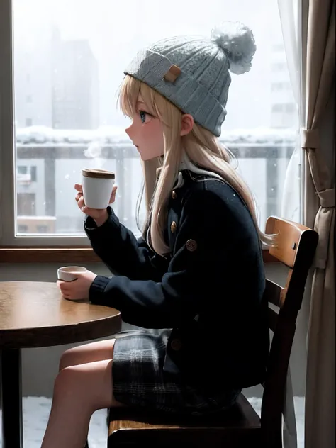 An anime girl（（（lone girl））），（（（wearing beanie，Wear clothes with wool buttons，Long blonde hair））），Sit at a table in a coffee shop，（（（It was snowing outside the window，outside the window is night，There is a faint light））），Coffee in hand