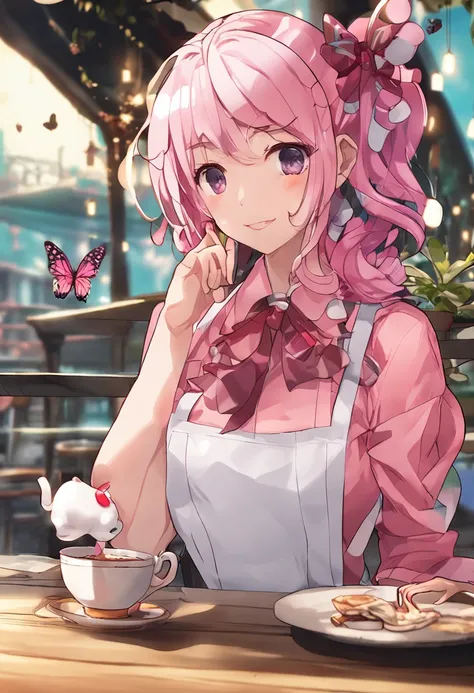 1girl, solo, nakano nino, pink hair, butterfly hair ornament, (naked:1.3), (white apron), large breasts, cleavage, thighs, cafe background, (blushing:1.3)