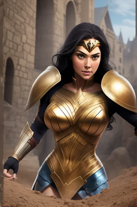 Hundreds of Wonder Woman medieval female army in paladin armor low full body view far away wide lens, hyper-detailed army, hyper-detailed body, hyper-detailed face, golden castle background, realistic, 3rd person POV, third person point of view,