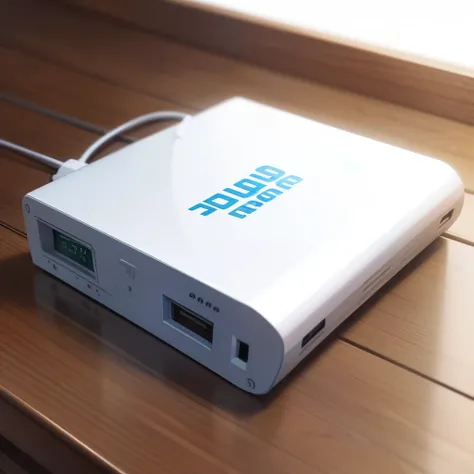 There is a power bank on the table，There should be no pattern logo on the surface of the power supply，Give it a close-up，There is a slight table decoration around