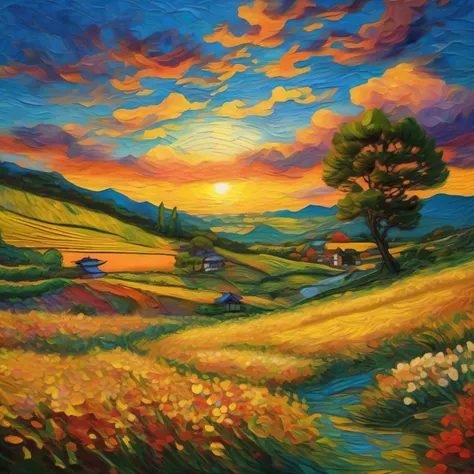 Sunset sunset over Japan countryside with dynamic touches of Van Gogh-style oil painting