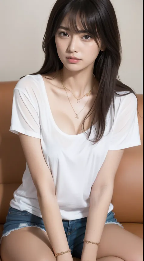 1girll,White T-shirt with Ashiyas logo，small tits、鎖骨，Sit on a comfortable sofa,cross leg,Soft light、a necklace、A bracelet、耳Nipple Ring