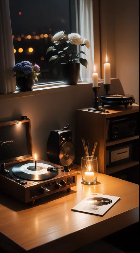 Music playback, Vinyl record player, Night, a sense of atmosphere, Dim lighting, Scented candles lit on the table, Vase decoration with flowers on the table