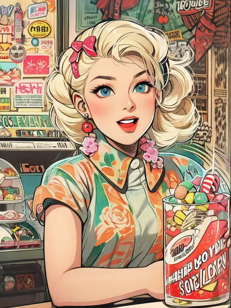 high-level image quality、ultra-detailliert、a blonde girl、cozy old-fashioned retro-futuristic candy and soda parlor、analog style、...