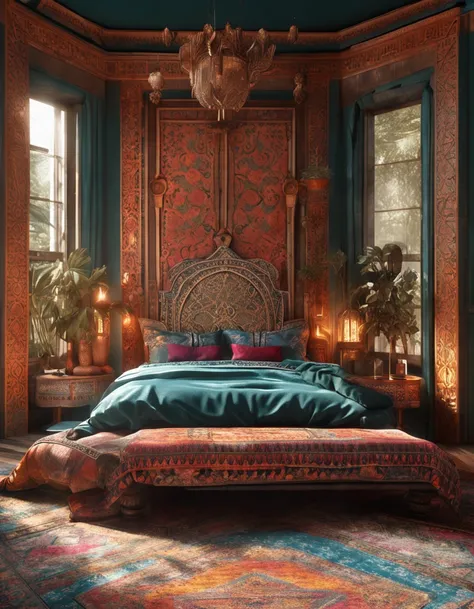 hyper realistic photo, ultra detailed photograph of a beautiful Moroccan bed, Amazigh pillows, photorealistic, iridescent, hyperrealism, traditional blankets, mats on floor, moroccan lamps, sexy, Ultra photoreal, Intricate details, Ultra detailed, elegant ...