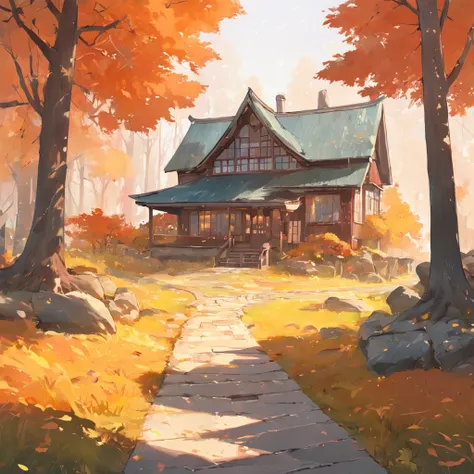 painting of a house in the fall with a pathway leading to it, stylized digital illustration, full color illustration, stylized as a 3d render, a photorealistic rendering, house in the wood, house illustration, detailed rendering, beautiful artist rendering...