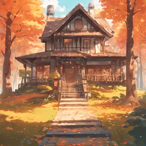 painting of a house in the fall with a pathway leading to it, stylized digital illustration, full color illustration, stylized as a 3d render, a photorealistic rendering, house in the wood, house illustration, detailed rendering, beautiful artist rendering...