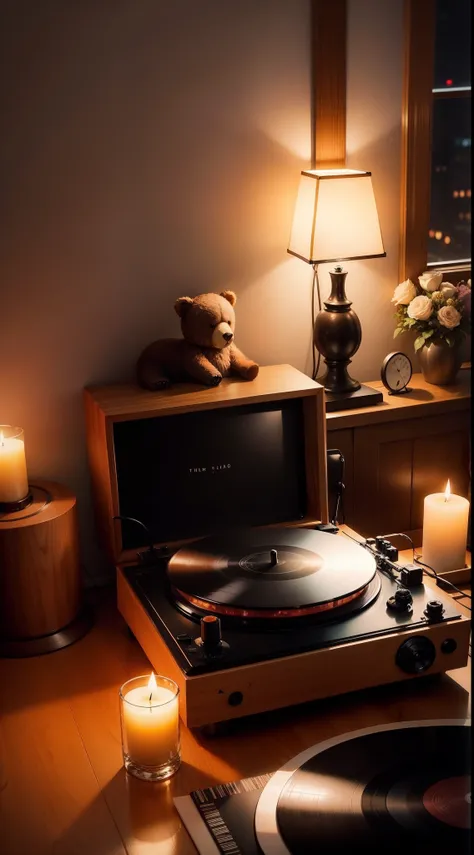 The music being played, the vinyl record player, at night, the feeling of atmosphere, the dim light, the scented candles being lit on the table, the vases with flowers on the table, the bear dolls, the floor-to-ceiling windows