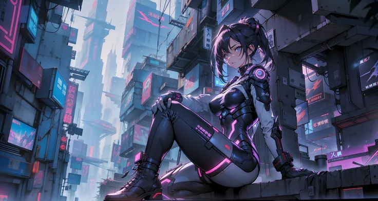 Cyber girl sitting on a ledge in the city at night。Cyberpunk anime art envelops her as digital worlds intersect。Modern cyberpunk art style illuminated by neon lights、It depicts a fusion of an anime girl and a mecha.。This art with a cyberpunk theme is、Feel ...