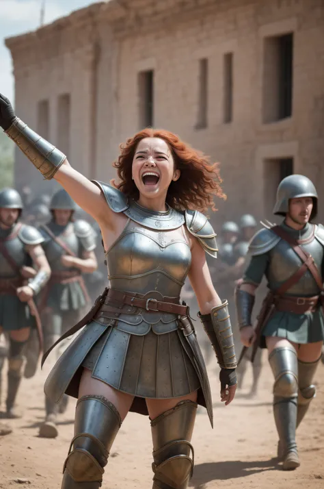 A triumphant scene inspired by the 2000 historical epic film Gladiator directed by Ridley Scott, full body shot, a fighting heroic red-haired female general::2 Standing victorious, sword held high in salute, with her battalion of soldiers cheering ecstatic...