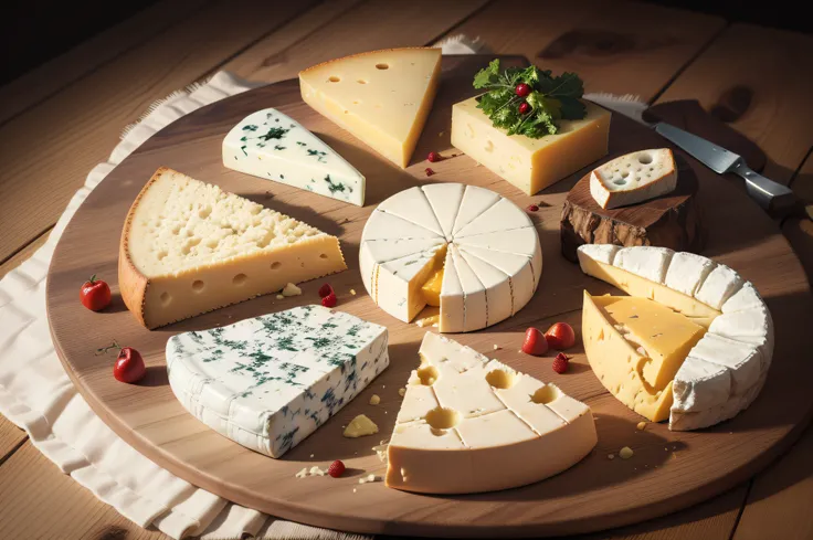 Realistic depiction of various types of delicious cheese on a wooden platter.