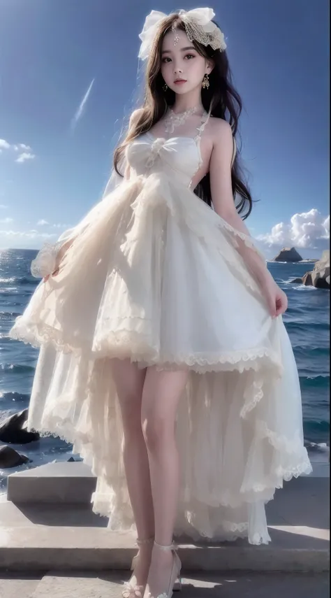 A woman in a white dress stands on a stone step by the sea, ethereal fairytale, dreamy dress, Romantic dress, magical dress, Ethereal and dreamy, Wearing a white flowing dress, Dreamy and ethereal, flowing white dress, a stunning young ethereal figure, ver...