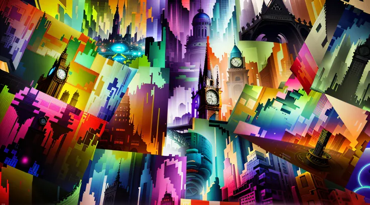 brightly colored digital painting of a city with a clock and a clock tower, glitched fantasy painting, colorful dystopian futurism, graphic glitches, dense hypermaximalist metropolis, glitched background, colorful digital painting, maximalism digital art, ...