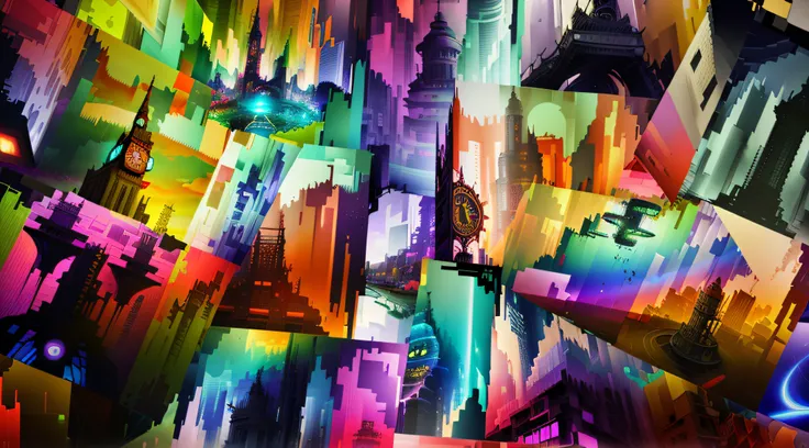 brightly colored digital painting of a city with a clock and a clock tower, glitched fantasy painting, colorful dystopian futurism, graphic glitches, dense hypermaximalist metropolis, glitched background, colorful digital painting, maximalism digital art, ...