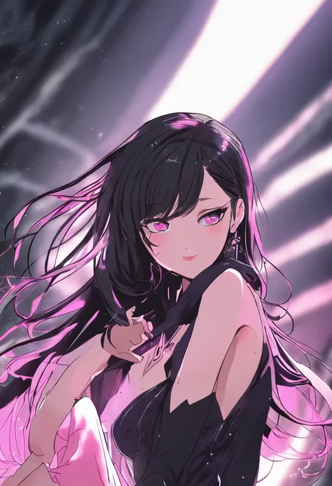 gothgirl, Long black hair,  black crop top，Pink skirt，Black CPTPN leggings, cheerfulness, Dancing, Beautiful anime style girl all over, clean detailed faces, underdressing, analogous colors, Glowing shadow, beautiful gradation, Depth of field, Clean image,...