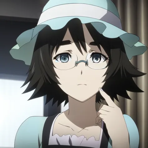 1girl, solo,(best quality),(masterpiece:1.1), hat, dress, looking_at_viewer, neck_ribbon, cute, clear facial skin, (((glasses)))