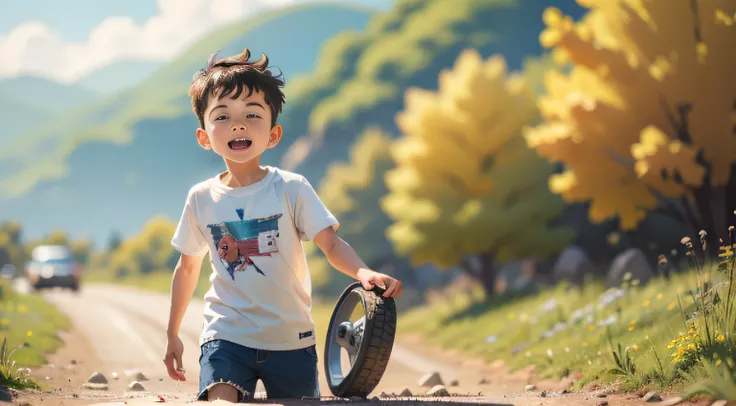 sfv)，In the mountains，5 year old boy，White top，tire，panting，Perfect quality，Clear focus， （tmasterpiece：1.2） （realisticlying：1.2） （Bokeh） （best qualtiy） （detailedskin：1.3） （complexdetails） （8K） （detailedeyes） （Sharp focus）