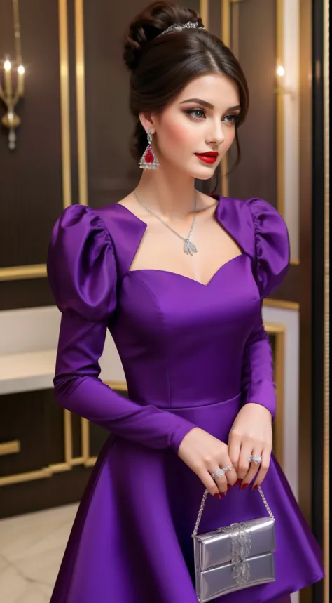 A beautiful young lady wearing a purple puffed sleeve square shape neck fit and flare dress, red lips and red long nails, she is also wearing a beautiful purple dangling earring and a silver necklace which have a love pendent , red high heels, red thigh sl...