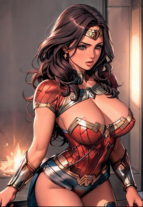 Best quality image, a close up of a wonder woman, Huge Breasts , long hair, Magnificent, nips