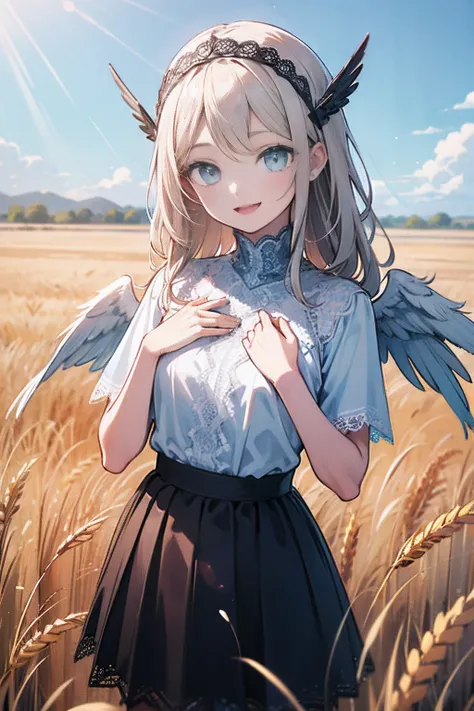 (Ultra-detailed:1.3), (Illustration:1.2), (disheveled hair, Beautiful detailed eyes:1.1), (High resolution),
(Solo), (1womanl), Happy, Cheerful smile, Laughing, (((flat breast))), Looking at Viewer, hand up,
valkyrie, 25 years old, platinum-blonde long hai...