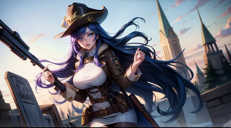 Caitlyn from League of Legends, sheriff girl, long hat, long gun, sniper, Caitlyn lol