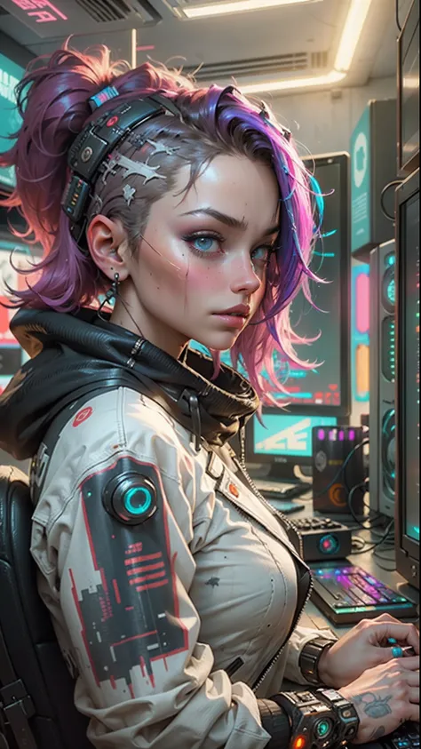 ((Best Quality)), ((Masterpiece)), (High Definition:1.3), 3D, Beautiful (Cyberpunk:1.3) Hacker woman with thick voluminous hair operating computer terminal, white survival jacket