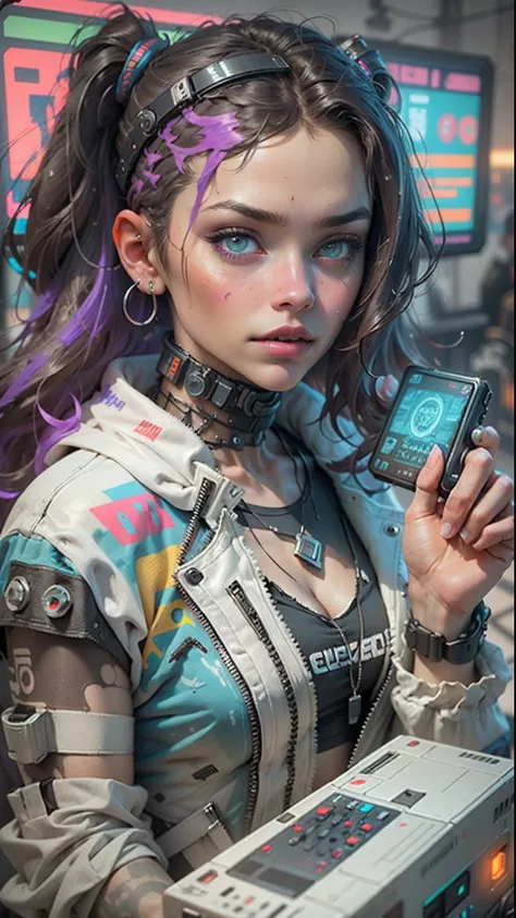 ((Best Quality)), ((Masterpiece)), (High Definition:1.3), 3D, Beautiful (Cyberpunk:1.3) Hacker woman with thick voluminous hair operating computer terminal, white survival jacket