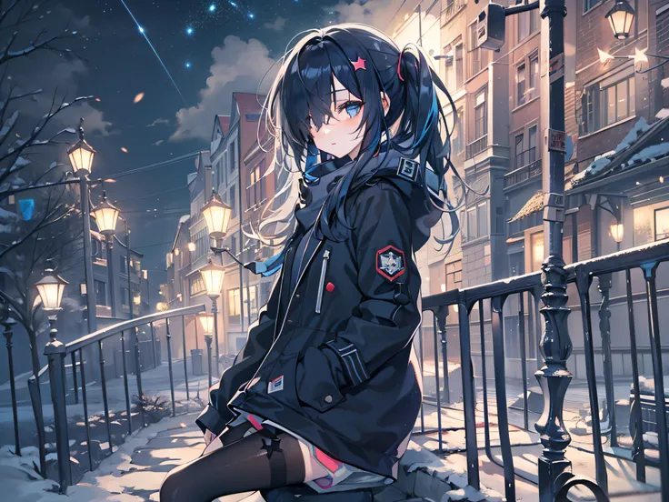 black pantyhoses，teens girl，Starry eyes，Black parka，starrysky，the night，Dark blue hair，side pony tail，long whitr hair，black knee boots，Hair covers one eye，bit girl，waiting to start