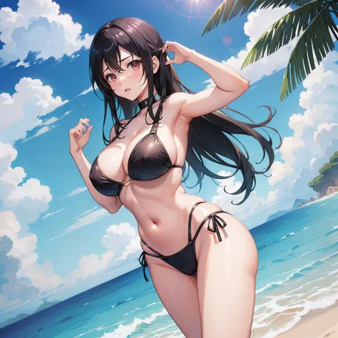 A woman in a bikini poses on the beach with her hands on her head, Nico Robin, seductive anime girl, Oppai, Anime Best Girl, Tifa Lockhart, is wearing a swimsuit, an einem Strand, Oppai-Proportionen, Marin Kitagawa Fanart, Weiblicher Anime-Charakter, big b...