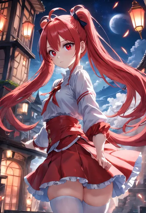 red color eyes，Long red single ponytail hair，magia，Castle fantasy，white stockings，444 Hz, Beautiful, Breathtaking, Highly detailed, 8K, Use, Affectionate, Ultra photo realsisim, scenery