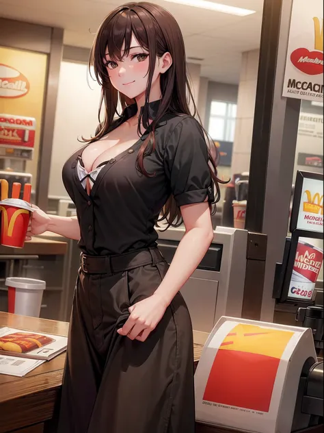 masterpiece, top quality, high resolution, photorealistic, 
cowboy shot, front view:1.0, looking at viewer,  
attractive mature McDonalds Cashier cleavage, mcdonalds, rim lighting, 
1girl, solo, long hair, passionate eyes, medium breasts, smile, 
beautiful...