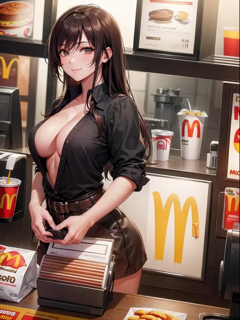 masterpiece, top quality, high resolution, photorealistic, 
cowboy shot, front view:1.0, looking at viewer,  
attractive mature McDonalds Cashier cleavage, mcdonalds, rim lighting, 
1girl, solo, long hair, passionate eyes, medium breasts, smile, 
beautiful...