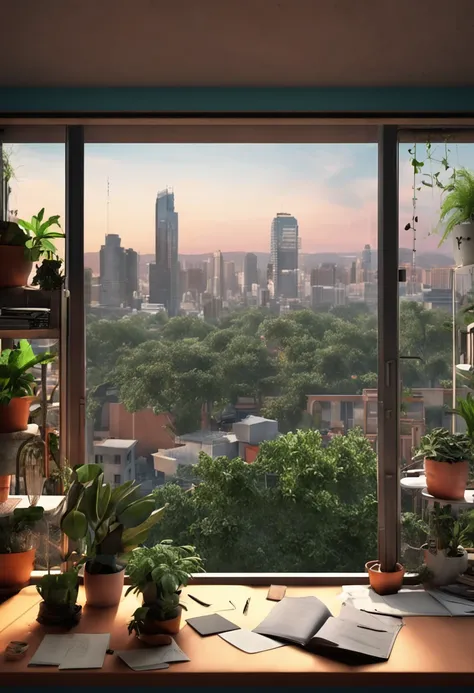 uma mesa de artista com plantas, livros, papel, laptop, prateleira, ceroulas, overlooking a green urban setting