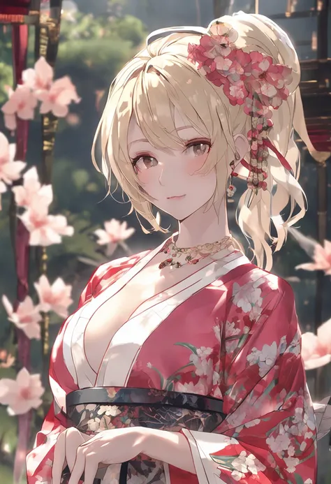 1girl in、Beautiful Caucasian girl with bright blonde hair、White skin、30-years old、femele、a room、Studio Lighting、face lights、photon maping、Detailed lips、detailedeyes、More skin、(Colossal tits:1.3)、(Kimono、jpn)、(Floral kimono)、(Wearing a kimono)、(((no brassie...