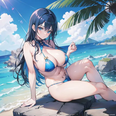 Anime girl in bikini sitting on a rocky outcrop with blue sky in the background, Nico Robin, Oppai, seductive anime girl, big breasts!!, | feine Details Anime, Mayuri Shiina, Cel Shading Anime, Hinata Hyuga, Beautiful seductive anime teen, big breasts!, be...