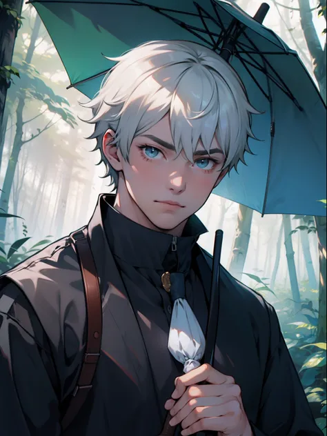 ln the forest，A boy with，Light irradiation，Holding a transparent umbrella，Headshot，