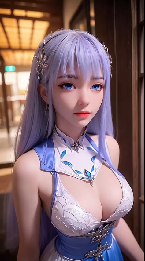 "1 beautiful girl wearing a traditional costume, a long thin light blue dress made of meticulously made silk, deep slit shirt, long hair and silver bangs with a hint of light blue, the most beautiful and detailed hair jewelry, beautiful little face thin ey...