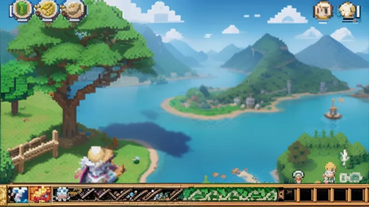 鸟山明风格，Flat pixel games《dragon quest》，Game scene design，（a paradise：1.4），16-bit pixels