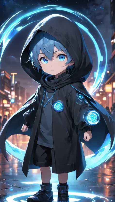 (Little boy with blue eyes in a black hood;The shape of a ring standing on the ground;Flash complex space-time portals:1.5), (extremely detailed CG unity 16k wallpaper:1.1), (Denoising strength: 1.45), (tmasterpiece:1.37), (Full body posing:1.4:), whole-le...