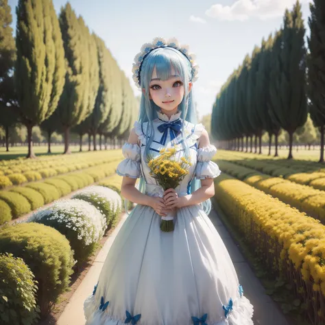 Rows of yellow ginkgo trees　Pretty girl　Blue hair long hair　a smile　White and blue Lolita dresses