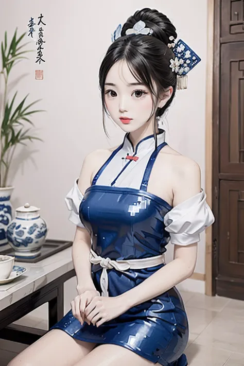 Blue and white porcelain style，hanfugirl，ancient china art style, Pixel art #pixelart