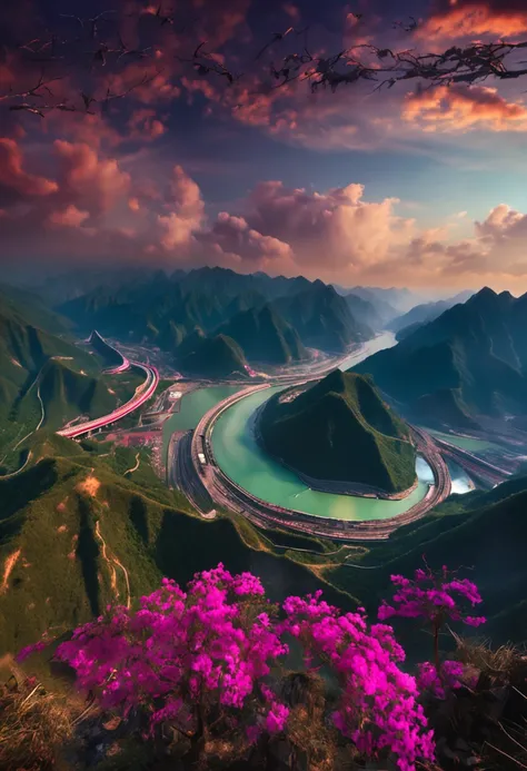 The curved Yangtze River，aerial shot，Golden，k hd，Overlooking，Far Mountain