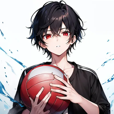 1 boy, black hair,  red eyes, volleyball jersey