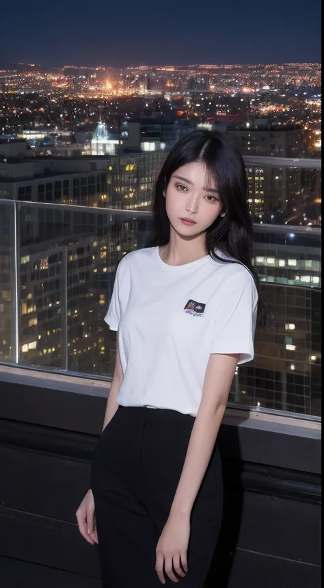 ((midnight, Best quality, 8K, Masterpiece: 1.3)), full bodyesbian, Long legs, Sharp focus: 1.2, Pretty Women with Perfect Figure: 1.4, Slender abs: 1.1, ((black color hair, Big: 1.2)), (white tight t-shirt, standing: 1.2), ((night cityscape, Rooftop: 1.3))...