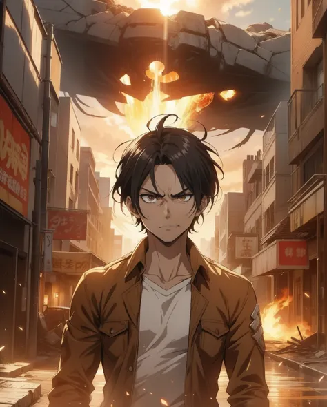 Eren Yeager, Attack on titan anime, in anger , in distroyed bulidings in background, devine golden aura coming from his body, black and brown eyes ,balls , inspired from attack on Titan Anime Manga series, anime Comics design , , in rage , angry look, mess...