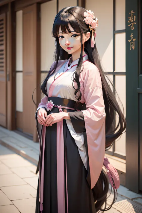 black hair, long hair, kanzashi, hair tie, aqua eyes, smile, Pale pink Hanfu, three sided view, masterpiece, ccurate, high details, high quality