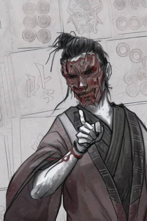 A close-up of a man with a bleeding face and a knife, villain wearing a red oni mask, portrait of a cyberpunk samurai, samurai with demon mask, Demon Samurai, samurai chains ink undead, Bloody + concept-art, inspired by Tōshūsai Sharaku, zombie in horror c...