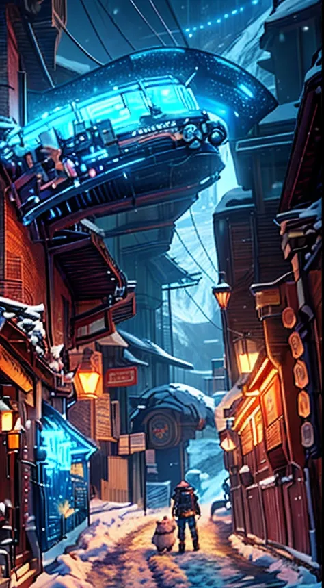 nevando，snow mountains，kosmos，alley，sci-fy，cyber punk perssonage，lamplight，a sense of atmosphere，City lights